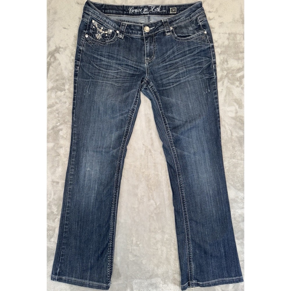 Grace In La Jeans Womens 13/30 Bootcut Low Rise Thick Stitch Embellished Pockets